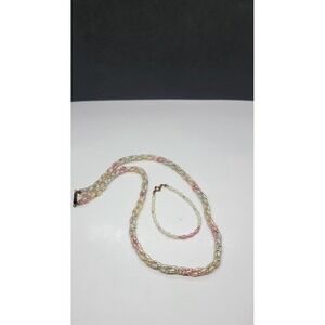 Triple Stranded Seed Rice Pearls Pink Pale Green 24"  Necklace And  Bracelet